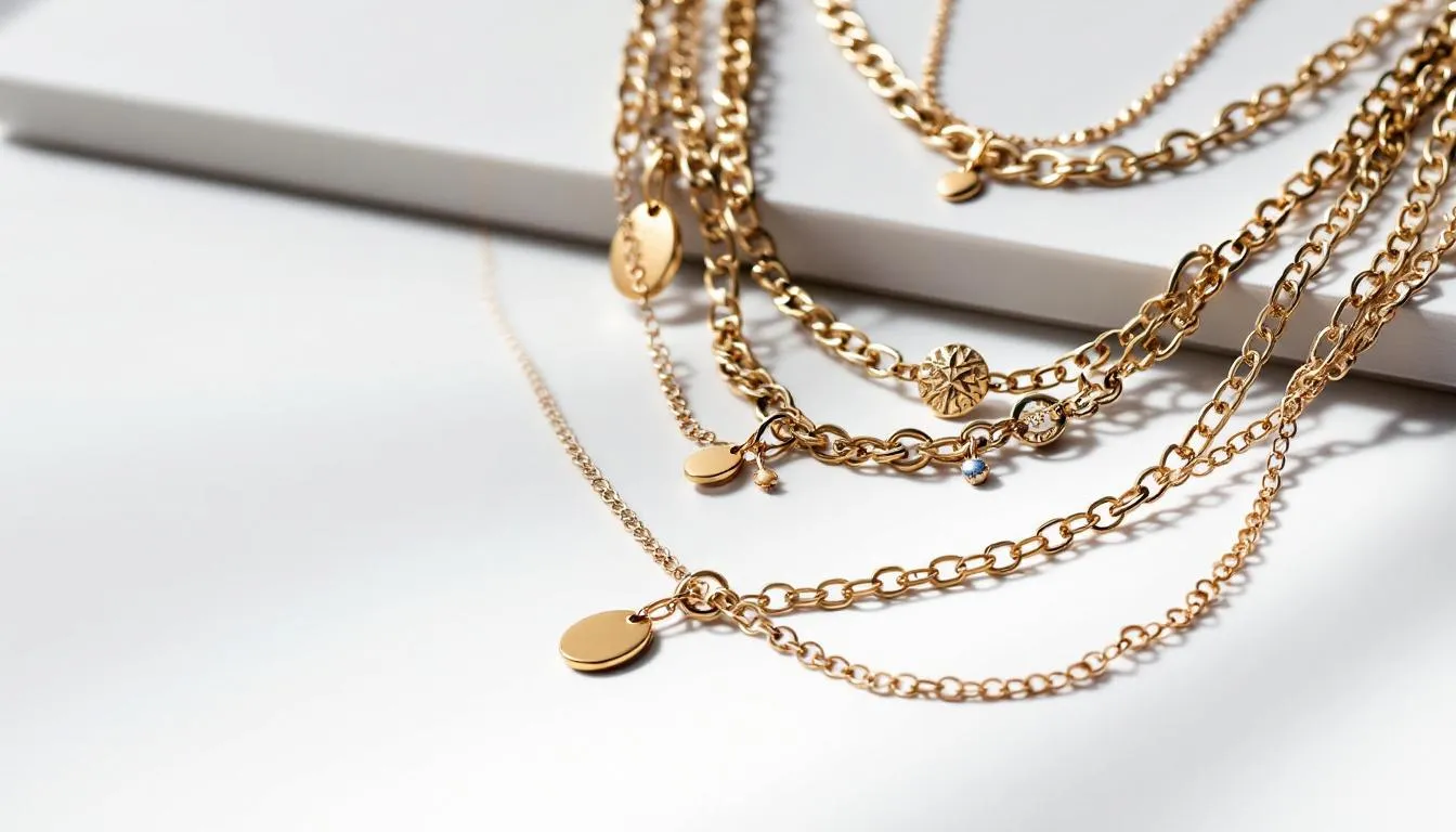 The image showcases a collection of layered chains made from sterling silver, highlighting the latest jewellery trends for effortless everyday style. These delicate chains feature a mix of lengths and textures, embodying a contemporary look that emphasizes both timeless elegance and modern sophistication.