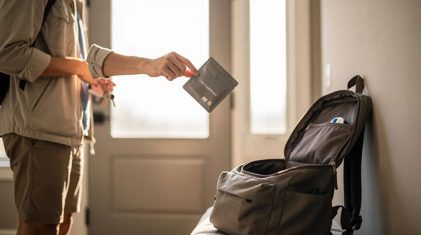 A person is seen tossing a small pack of grüns gummies, which are known for their health benefits and essential vitamins, into a backpack before heading out the door. This convenient addition to their daily routine emphasizes the importance of gut health and overall well-being.