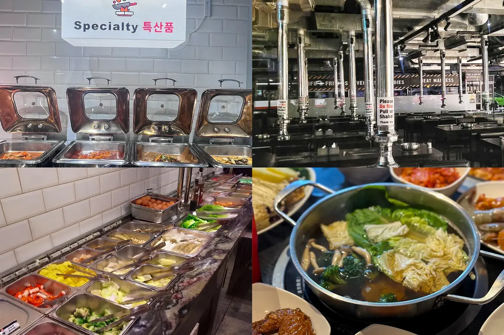 Collage of Captain Kim Korean BBQ & Shabu Shabu interior, featuring the specialty food bar, dining area with grill ventilation, fresh ingredients station, and a prepared hot pot meal.