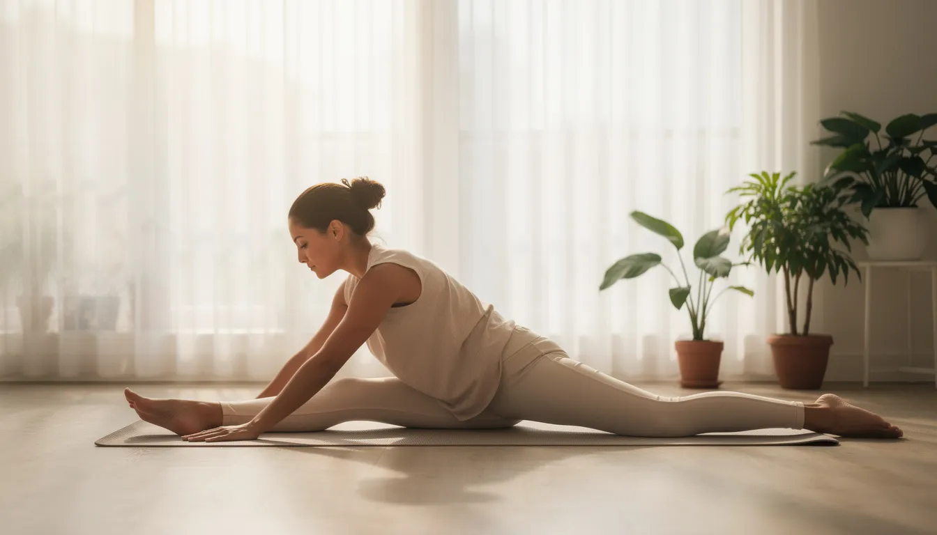 A person is practicing gentle yoga stretches in a bright and calm room, focusing on maintaining optimal pelvic health and alleviating symptoms related to pelvic floor dysfunction. The serene environment supports the overall well-being and encourages relaxation, which can be beneficial for pelvic floor muscles and pelvic health issues.