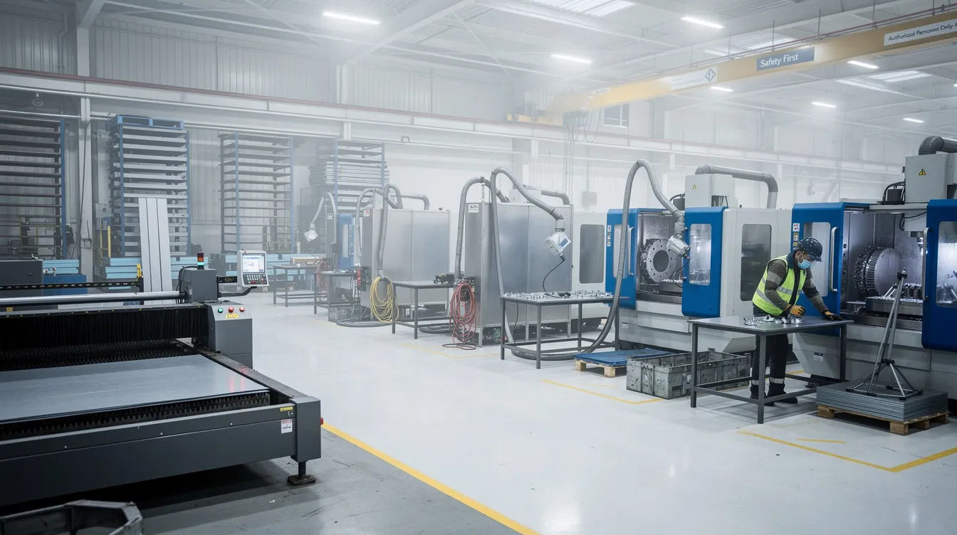 The image depicts a large industrial manufacturing facility filled with various metal fabrication equipment, showcasing the tangible assets vital for production. This environment is essential for understanding company valuation, as the facility's capabilities can significantly impact future cash flows and overall market position.