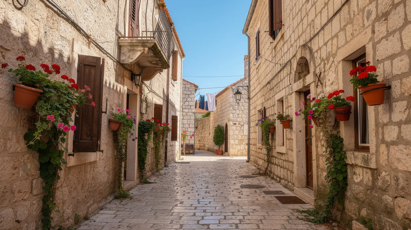 A imagem retrata ruelas de pedra de uma antiga cidade croata, adornadas com vasos de flores coloridos nas janelas, sob um céu azul claro. Este cenário encantador evoca a rica cultura e história da Croácia, um destino popular para turismo na Europa.