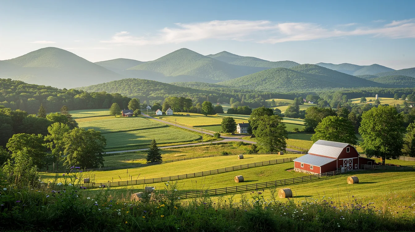 The image depicts a picturesque landscape of lush green mountains and rolling farmland in Vermont, all under a bright, clear summer sky. This serene view reflects the natural beauty of the Green Mountain State, where hemp cultivation is part of the agricultural landscape, in accordance with Vermont hemp rules and federal law regarding hemp derived products.