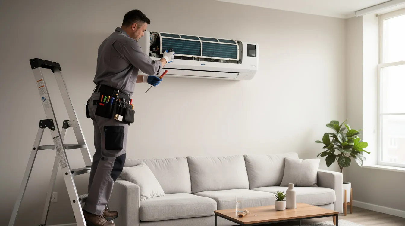 A skilled technician is servicing a wall-mounted split air conditioning system in a cozy living room, ensuring it operates efficiently to meet the cooling needs of the space. This regular maintenance helps prevent issues such as refrigerant leaks and strange noises, keeping the home comfortable year-round.