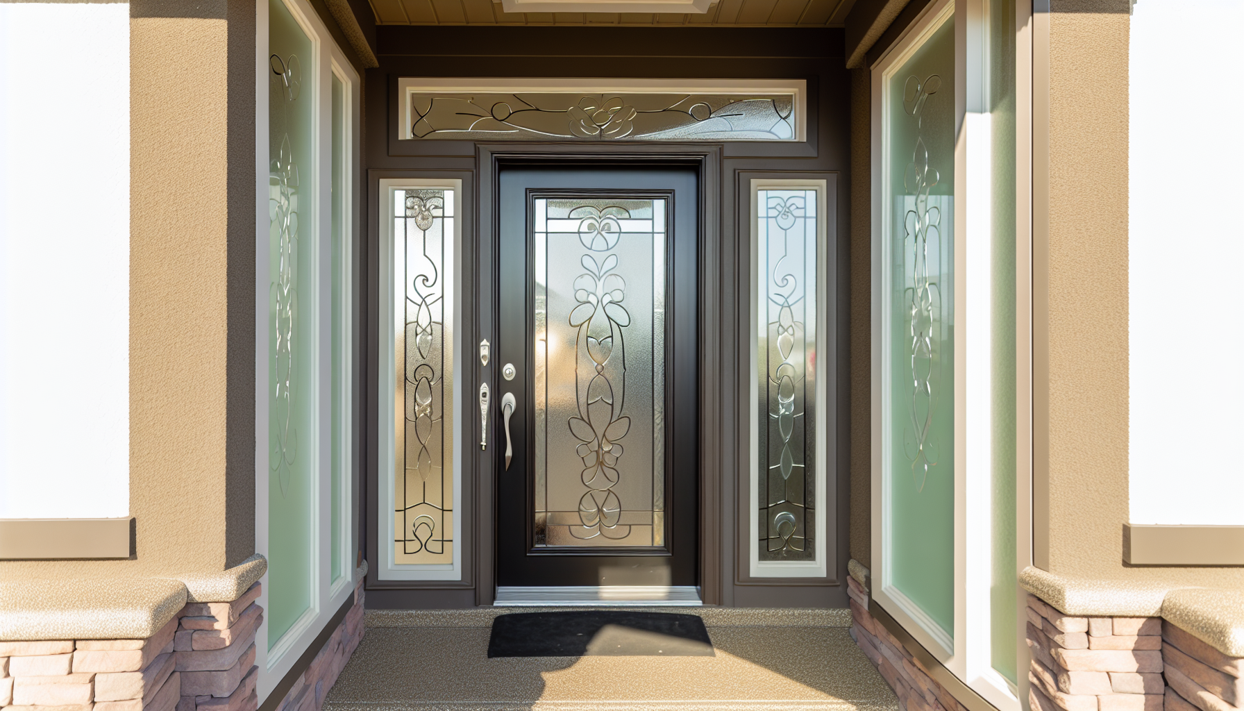 An elegant frosted glass front door with decorative sidelights and transoms