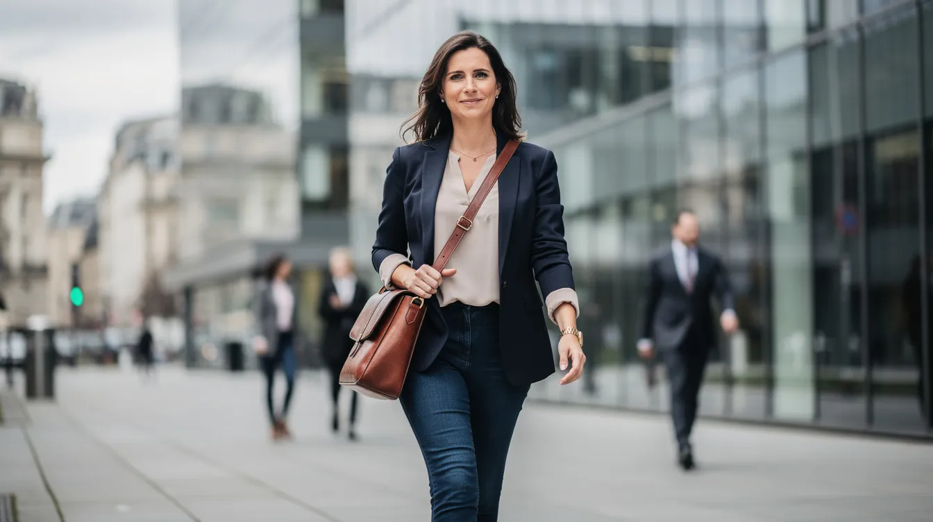 Eine Frau trägt dunkle Opus Jeans und einen Blazer, während sie mit einer eleganten Ledertasche durch ein modernes Büroviertel geht. Ihr Outfit kombiniert Stil und Komfort, ideal für den Alltag im Büro.