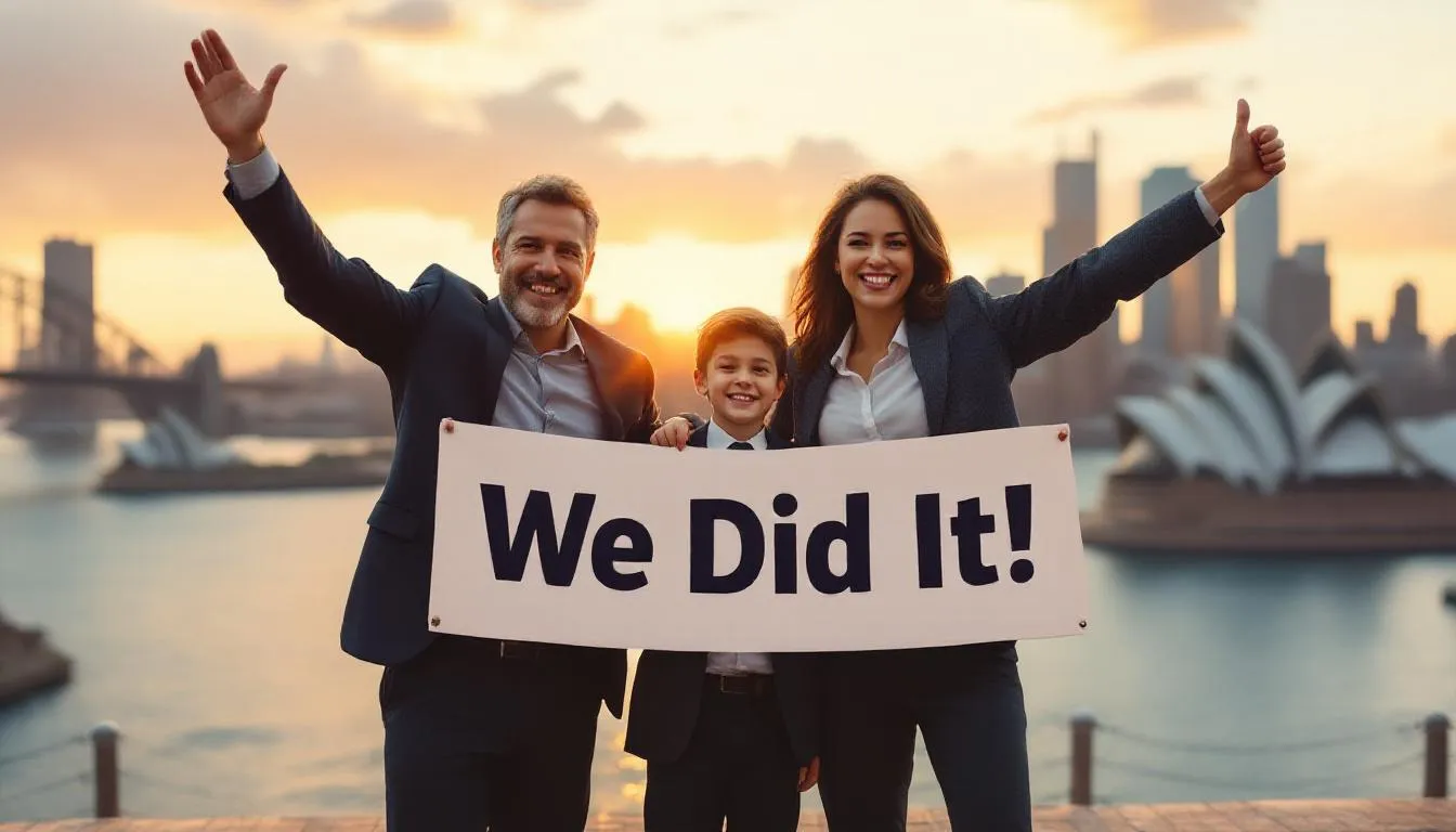 A professional family joyfully celebrates their successful visa application against the backdrop of an Australian city, symbolizing their journey towards permanent residency through skilled migration. The scene reflects their achievement in navigating the complex visa process, including options like the skilled independent visa and state nomination.