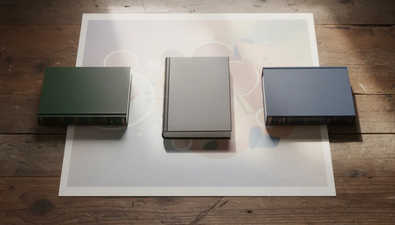 An overhead view shows a rolled poster laid flat on a wooden table, with heavy hardcover books placed on each corner and in the center to help flatten it. This setup is an effective method to remove wrinkles and creases, ensuring the poster is ready for display.