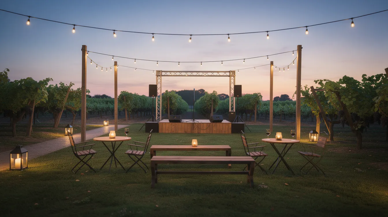The image depicts an open-air lawn seating area surrounded by vineyard rows, adorned with string lights, and featuring a small stage at dusk, creating a charming atmosphere for wine tasting near Sacramento. Guests can unwind and enjoy live music while savoring good wine from award-winning wineries in the region.