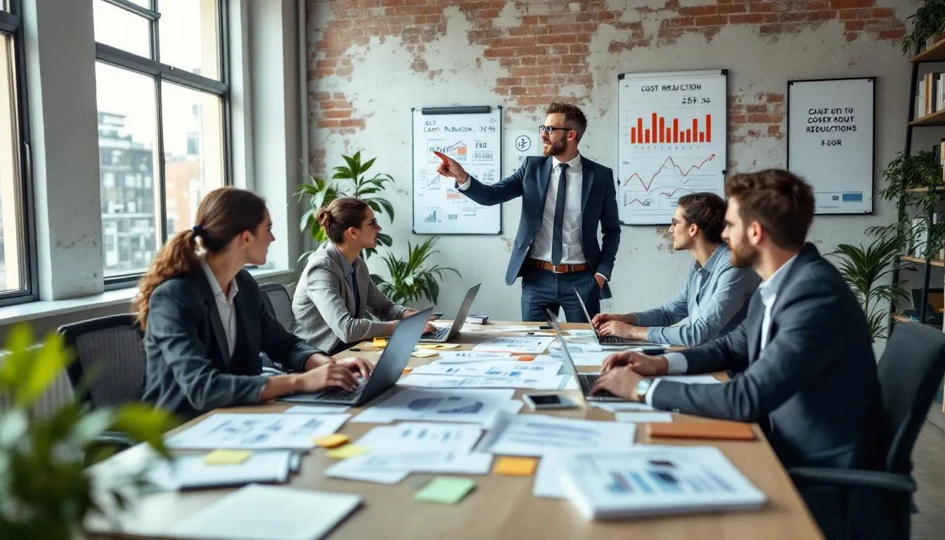 A business team is gathered around a table, analyzing cost reduction charts and financial data on laptops and documents, utilizing data analytics tools to gain insights for data-driven decisions. The atmosphere is focused, highlighting the importance of data quality and analytics services in optimizing business operations.