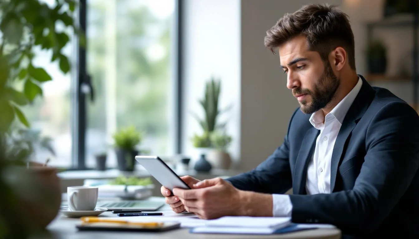 A business owner is sitting at a table, intently reviewing various payment processing options on a tablet. The screen displays information about merchant accounts, payment gateways, and how to accept card payments, showcasing the tools needed to start processing customer payments effectively.