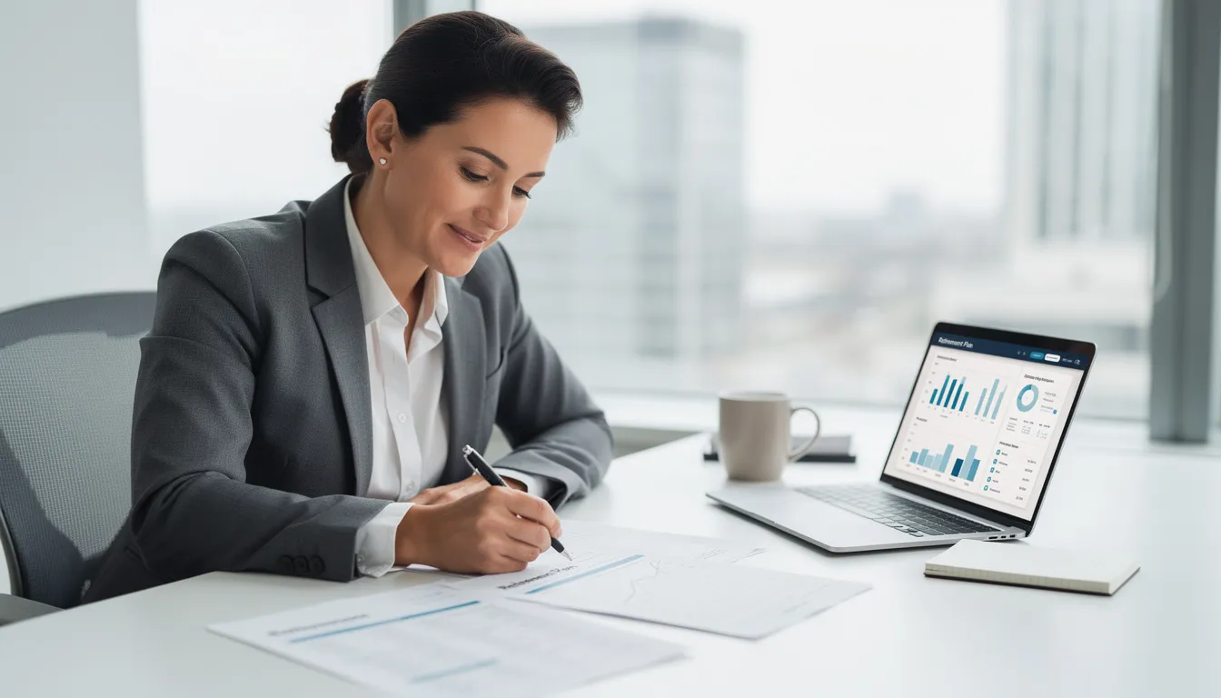 The image depicts a confident professional meticulously reviewing retirement planning documents, including details about various retirement plans such as defined contribution plans and 401(k) options. The individual appears focused on ensuring financial security and understanding the implications of employer contributions and pension benefits for their retirement strategy.