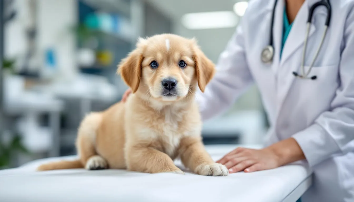 An adorable golden retriever puppy sits calmly during a veterinary examination, displaying a healthy demeanor while the veterinarian checks for any signs of heart murmurs or underlying heart disease. The puppy