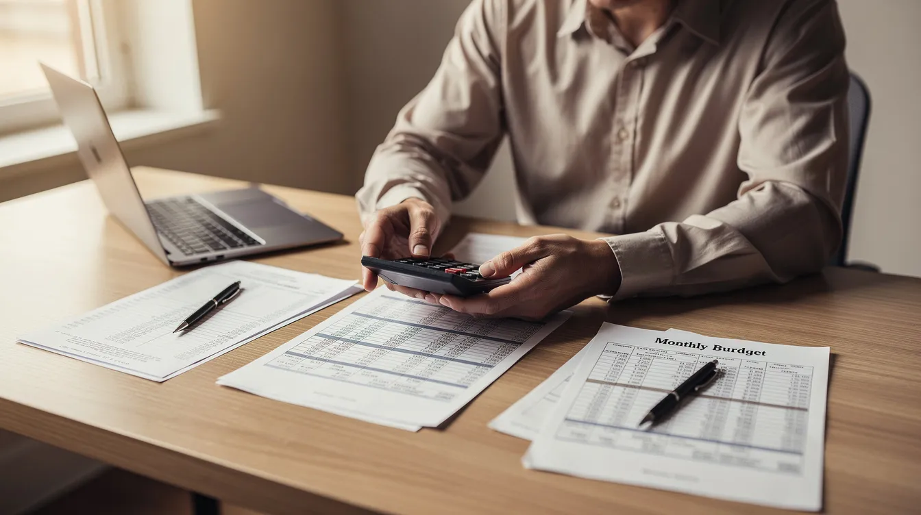 344939a4 79c5 4dd5 b3a9 907cc9655ab2 The image shows a person focused on calculating finances, using a calculator alongside various paper documents on a desk. This scene reflects the careful management of financial assistance and loans, potentially related to micro enterprises or business loans, emphasizing the importance of maintaining a satisfactory credit track record.