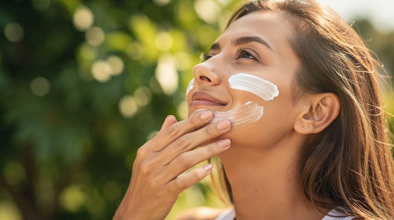 A person with a medium skin tone applies broad spectrum sunscreen to their face, protecting their skin from UV rays on a bright day. The lush green foliage in the background adds to the vibrant atmosphere, highlighting the importance of daily sun protection in an anti-aging skincare routine.