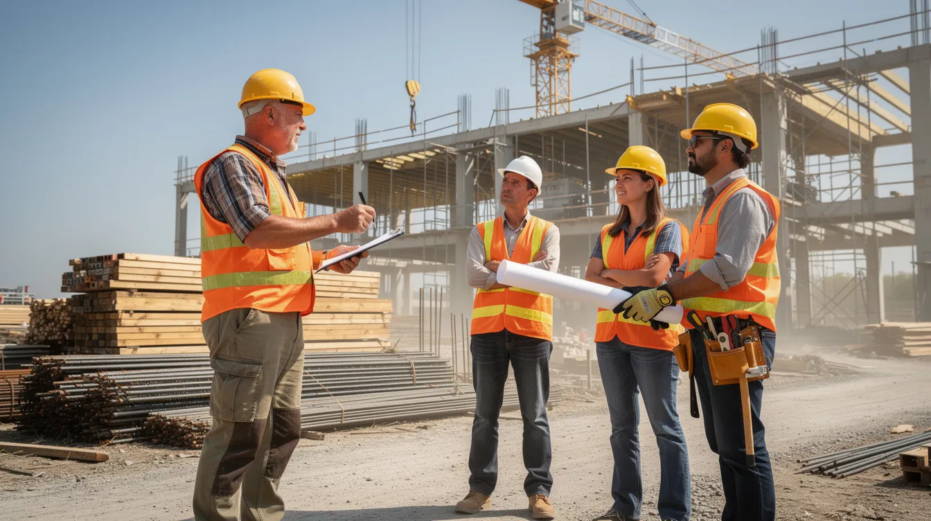 A construction foreman, holding a clipboard, is actively engaging with a small crew of construction workers who are wearing safety vests and hard hats at a job site. This scene emphasizes the importance of safety training and risk management practices in the construction industry.