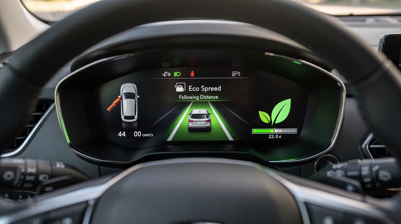 The image depicts a car dashboard featuring a cruise control interface and an eco driving display, highlighting metrics related to fuel consumption and vehicle's fuel efficiency. This dashboard is designed to help drivers maintain a steady speed and adopt efficient driving habits, ultimately aiming to improve fuel economy and reduce fuel costs.