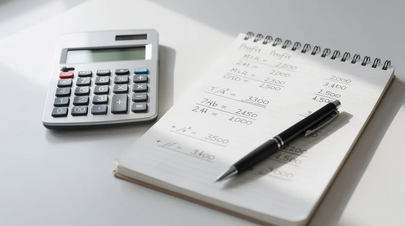 The image features a calculator placed next to an open notebook filled with profit calculations, highlighting key aspects of a dropshipping business such as profit margins, pricing strategy, and operating costs. This setup reflects the analytical approach necessary for managing a profitable dropshipping venture.