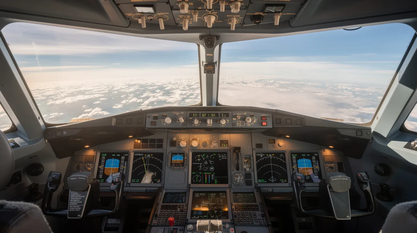 Das Bild zeigt das Cockpit eines Passagierflugzeugs mit einem klaren Blick auf die Instrumente und den Himmel. Die Steuerungselemente sind gut sichtbar und vermitteln ein Gefühl der Technik und Präzision, während draußen die Wolken vorbeiziehen.
