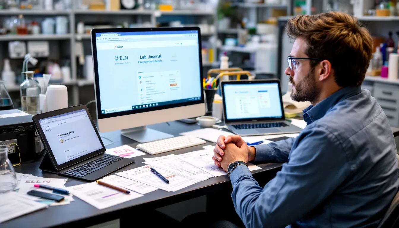 In the image titled "Choosing the Right ELN for Your Lab," a researcher examines various electronic lab notebooks (ELNs) on a computer screen, highlighting the importance of selecting the right software tool for effective research data management and secure record keeping in scientific research. The scene emphasizes the transition from traditional paper laboratory notebooks to modern electronic research notebooks, showcasing the benefits of improved data collection and collaboration in research labs.