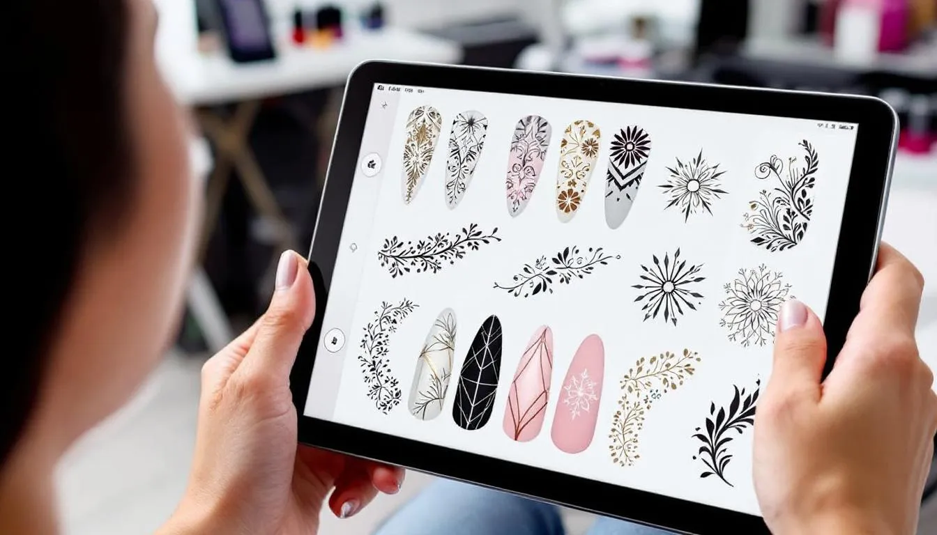 En la imagen se muestra a una técnica de uñas que presenta diversos diseños de nail art en una tablet a una clienta. La escena resalta la interacción entre el personal del salón de uñas y las clientes, utilizando tecnología para facilitar la elección de estilos y colores.