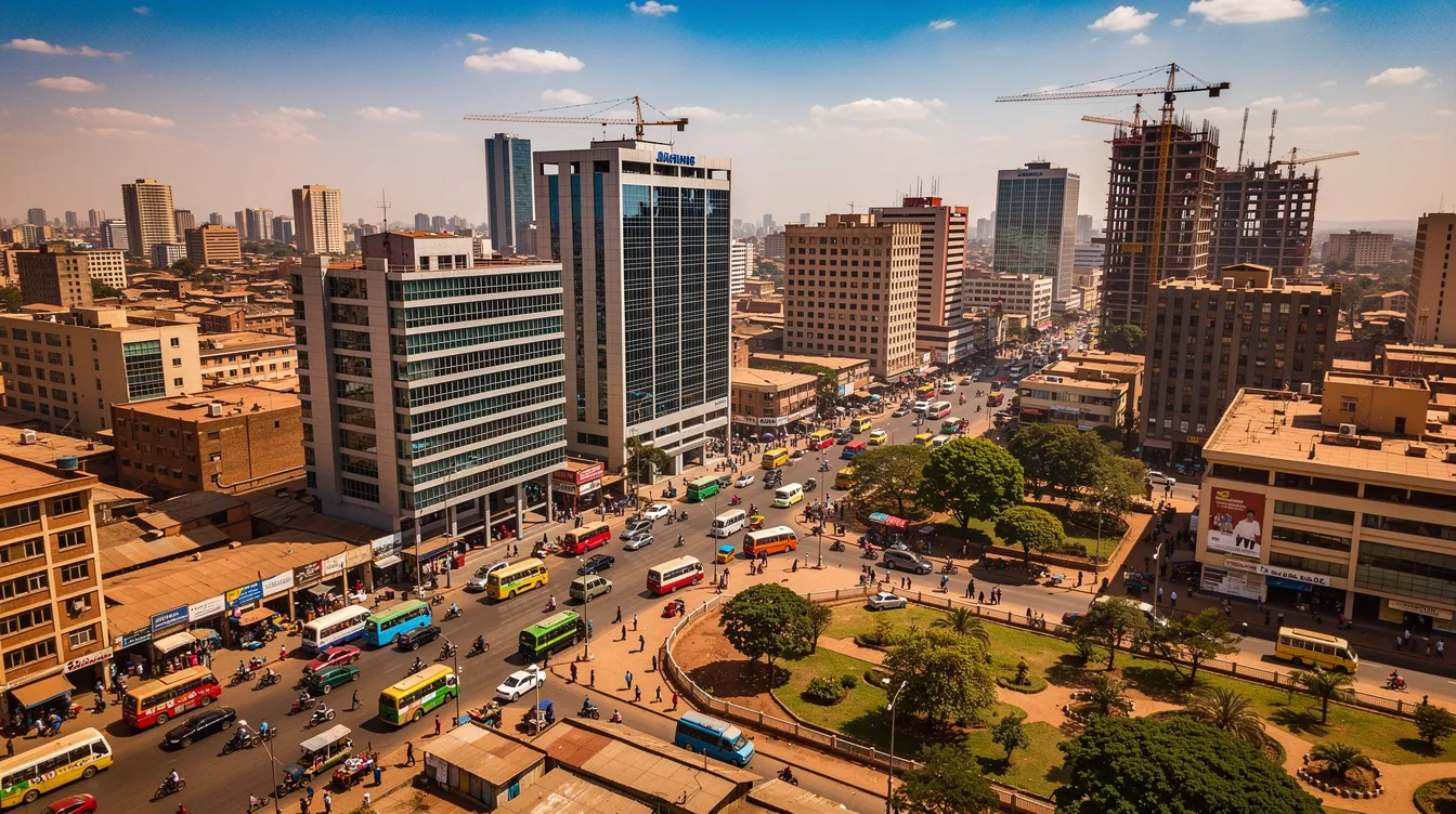 An aerial view showcases a vibrant East African city, bustling with activity as office buildings rise above busy streets filled with people and vehicles. This dynamic urban landscape, likely in Kenya, reflects the country's growth and connectivity, making it a hub for business and communication in the region.