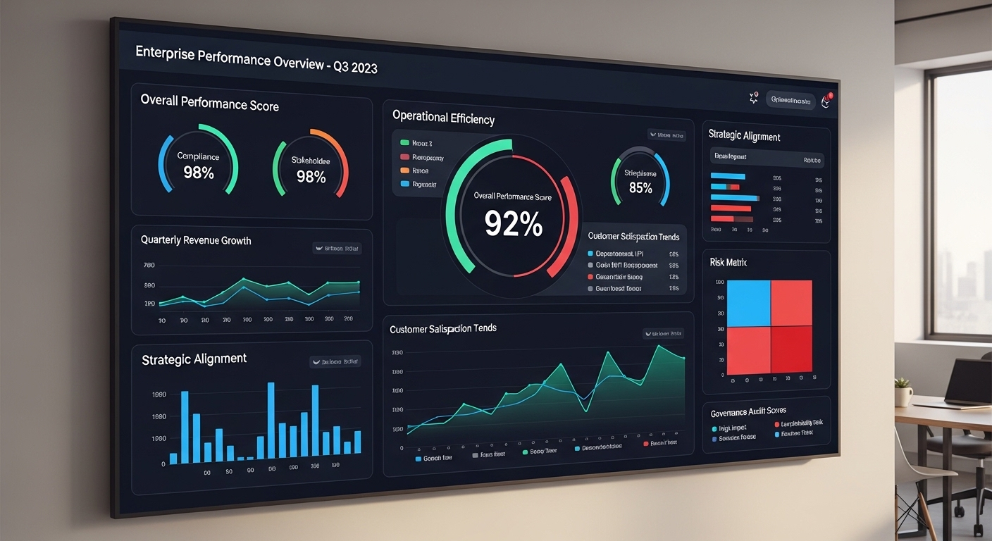 Performance monitoring dashboard displaying KPIs and governance effectiveness metrics.