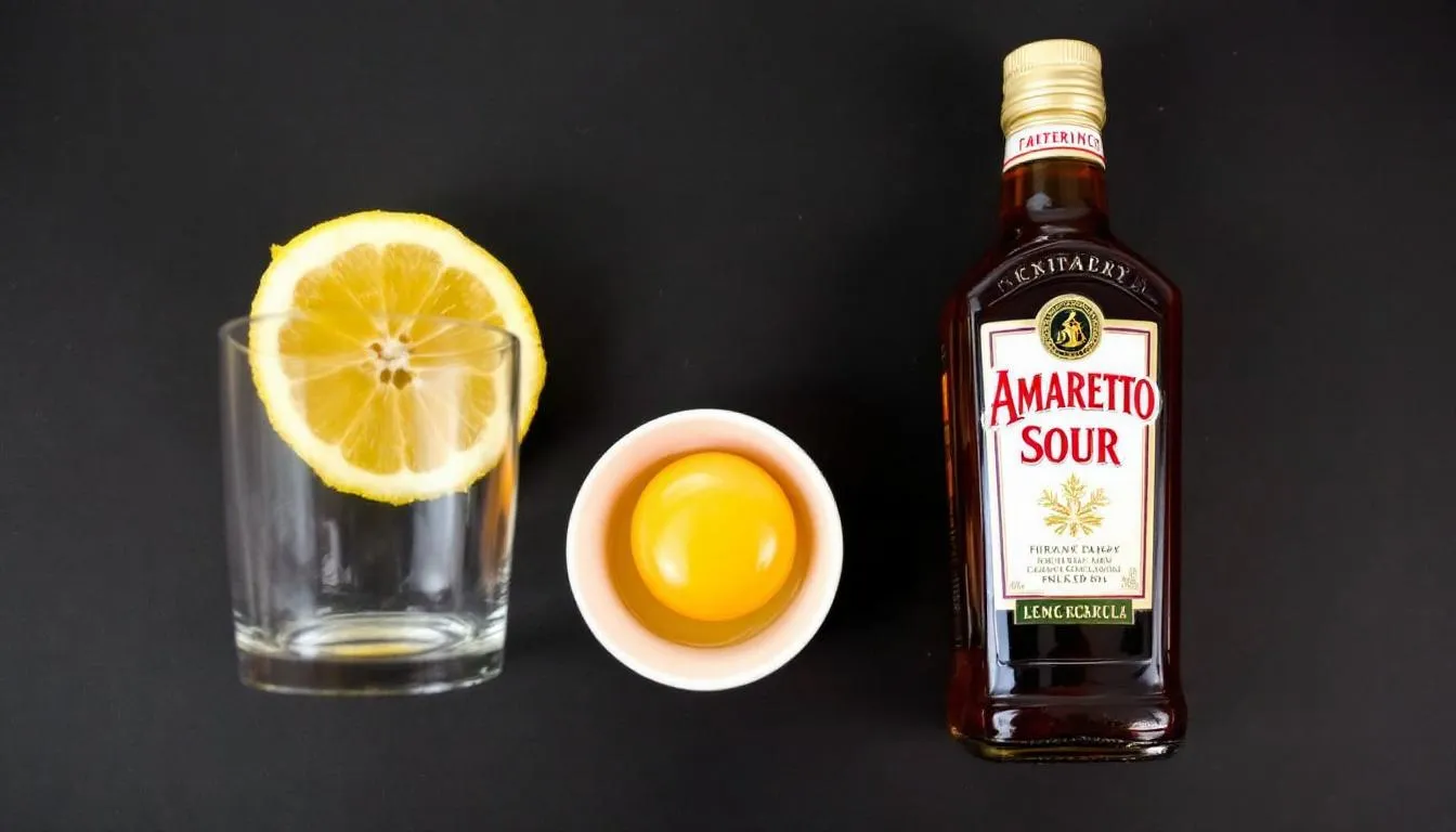 I bilden syns alla ingredienser för en amaretto sour, inklusive en flaska amaretto, citron, och ägg, arrangerade på en mörk bakgrund. De olika komponenterna representerar de perfekta smakerna av sötma och syra som gör denna klassiska cocktail till en favorit.