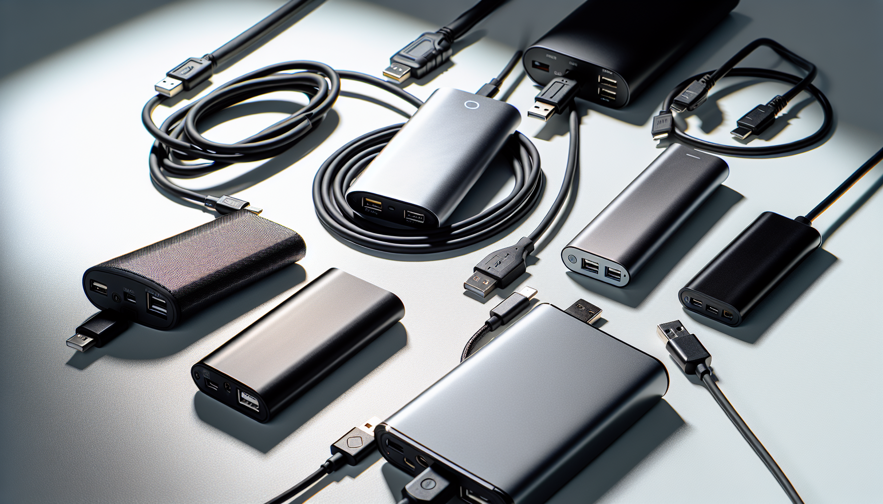 Various power banks and charging cables