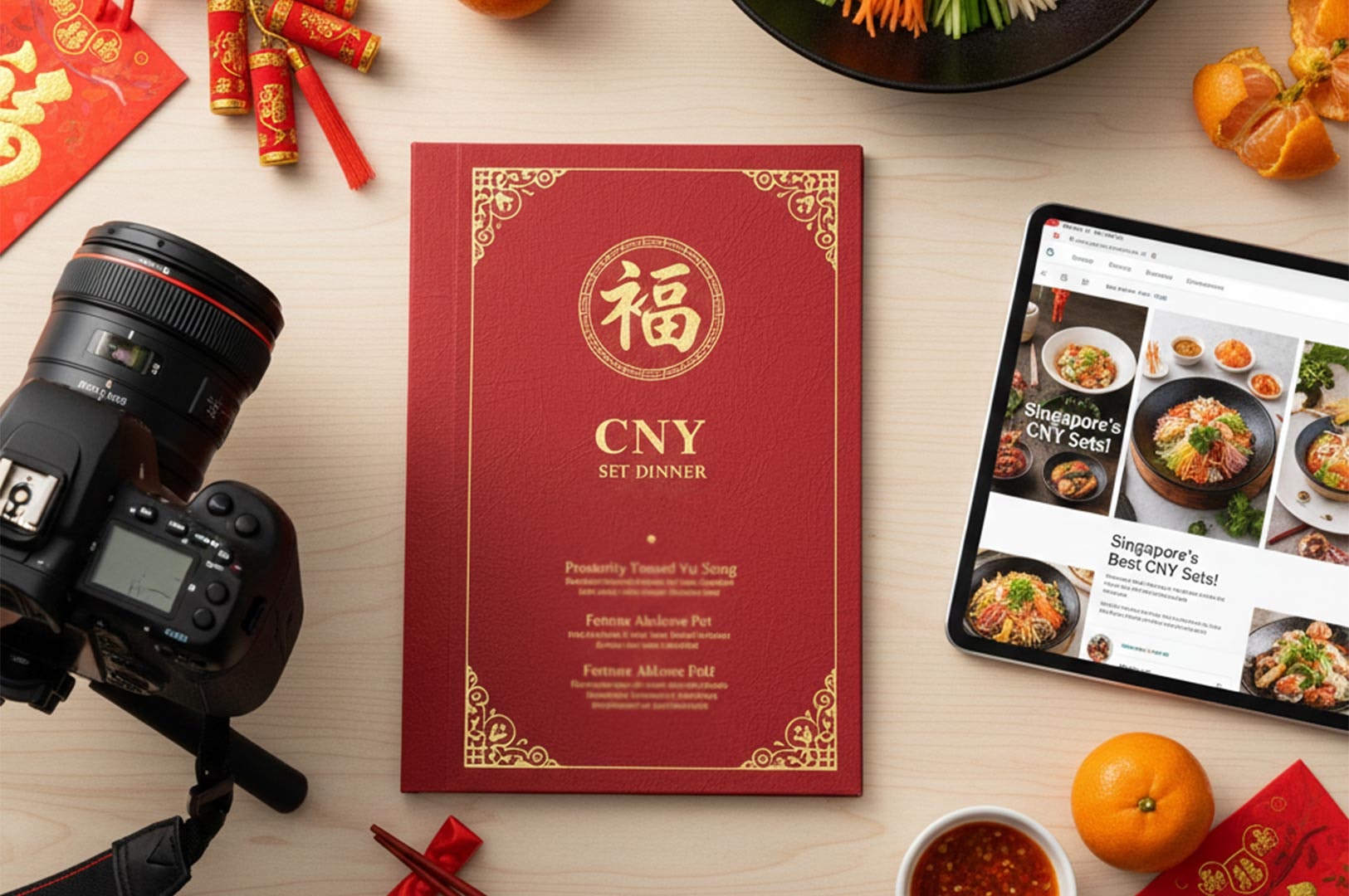 A creative flat lay featuring a red Chinese New Year set dinner menu, a professional camera, red envelopes, and a tablet displaying digital food marketing.