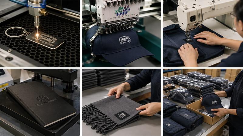 Customization and packing of bus driver gifts using engraving, embroidery, printing, and quality checks