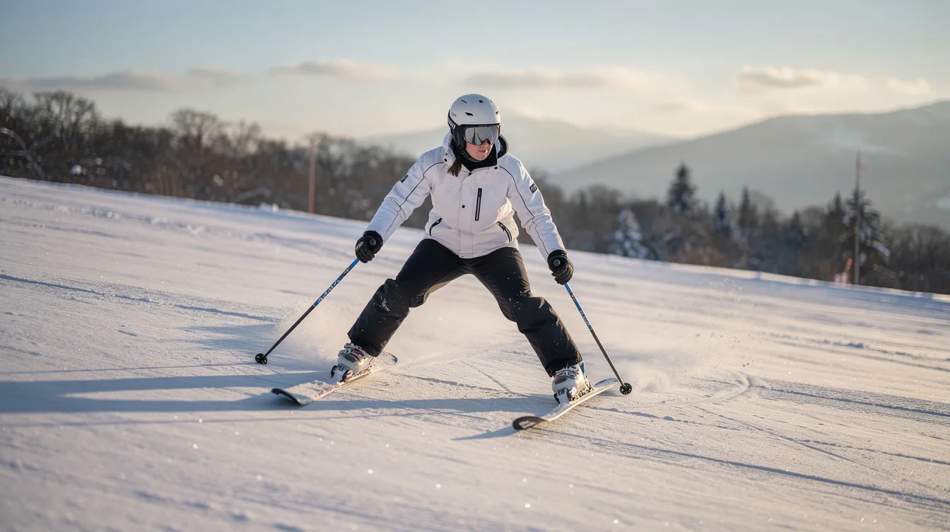 Ein Skifahrer übt im Schneepflug auf einem sanften Hang, um die Grundlagen des Skifahrens zu lernen. Die Szene zeigt einen Anfänger, der mit Skischuhen und Skiern ausgestattet ist, während er sich konzentriert, um die Technik zu meistern und sicher die Piste hinunterzugleiten.