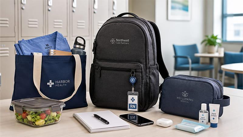 Custom tote bags and backpacks for nurses used in hospital staff Christmas gifts, healthcare events and corporate branding programs