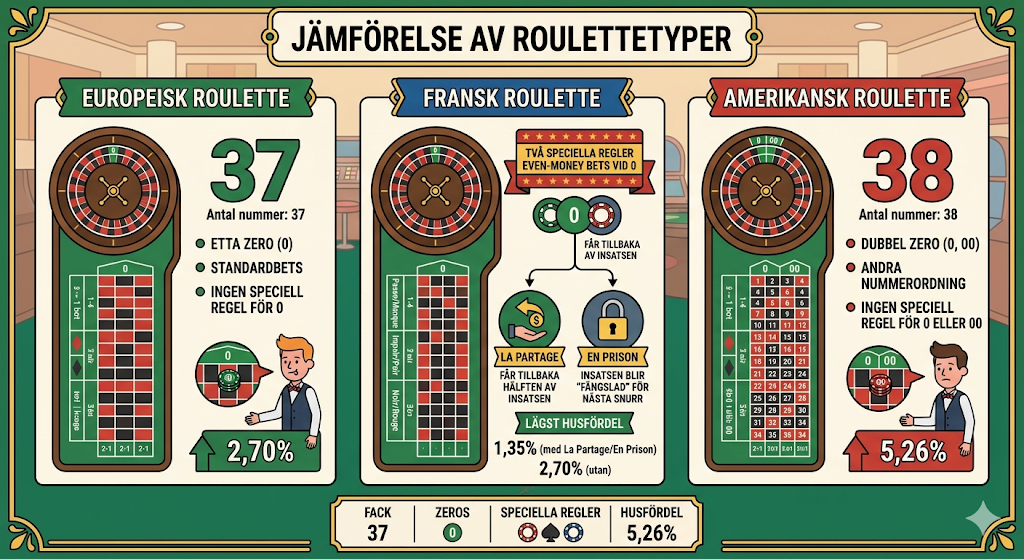 Roulette typer – europeisk, fransk och amerikansk roulette med odds, husfördel och skillnader