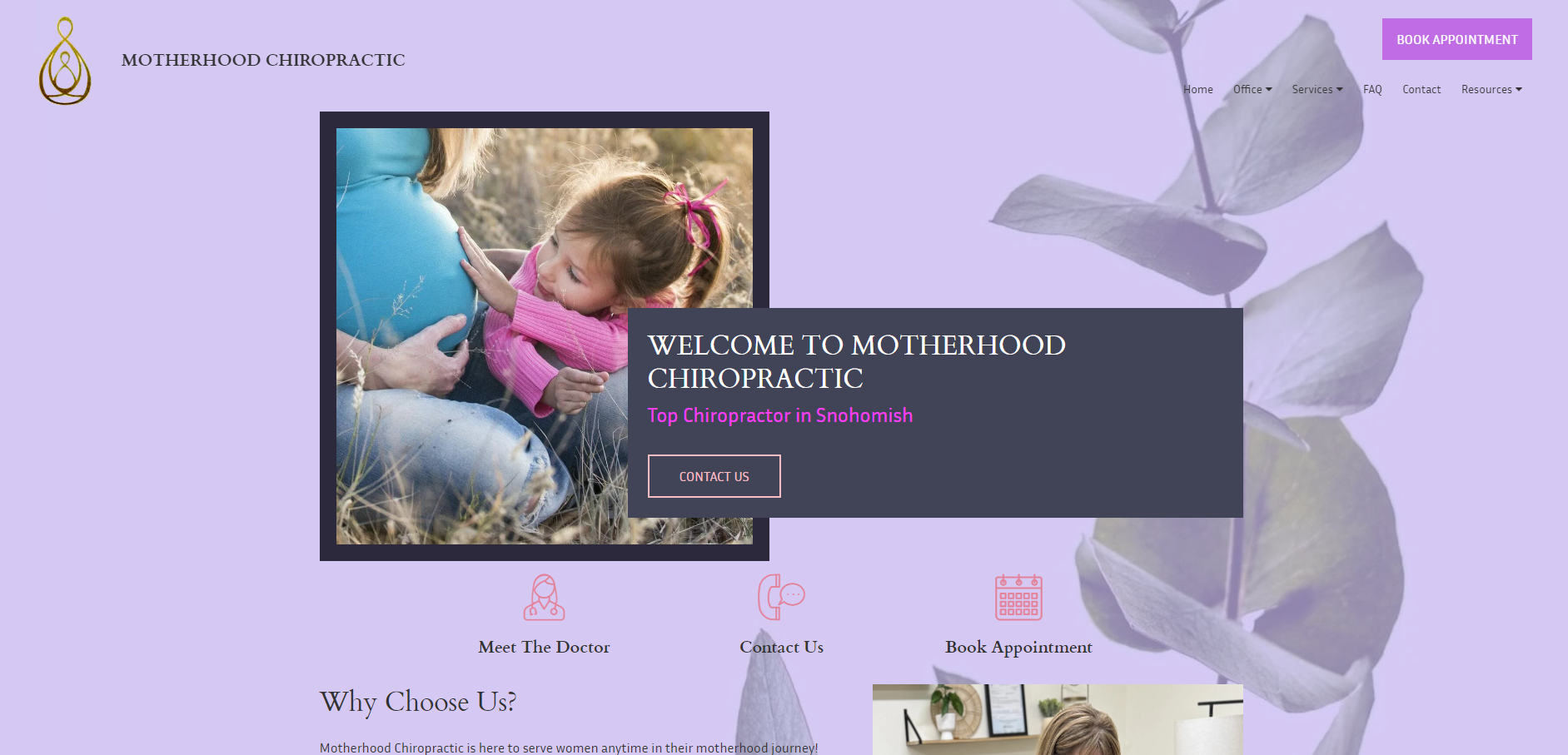 Motherhood Chiropractic homepage with a themed design, showcasing a pregnant woman and child, and a bold color scheme that emphasizes maternal chiropractic care.