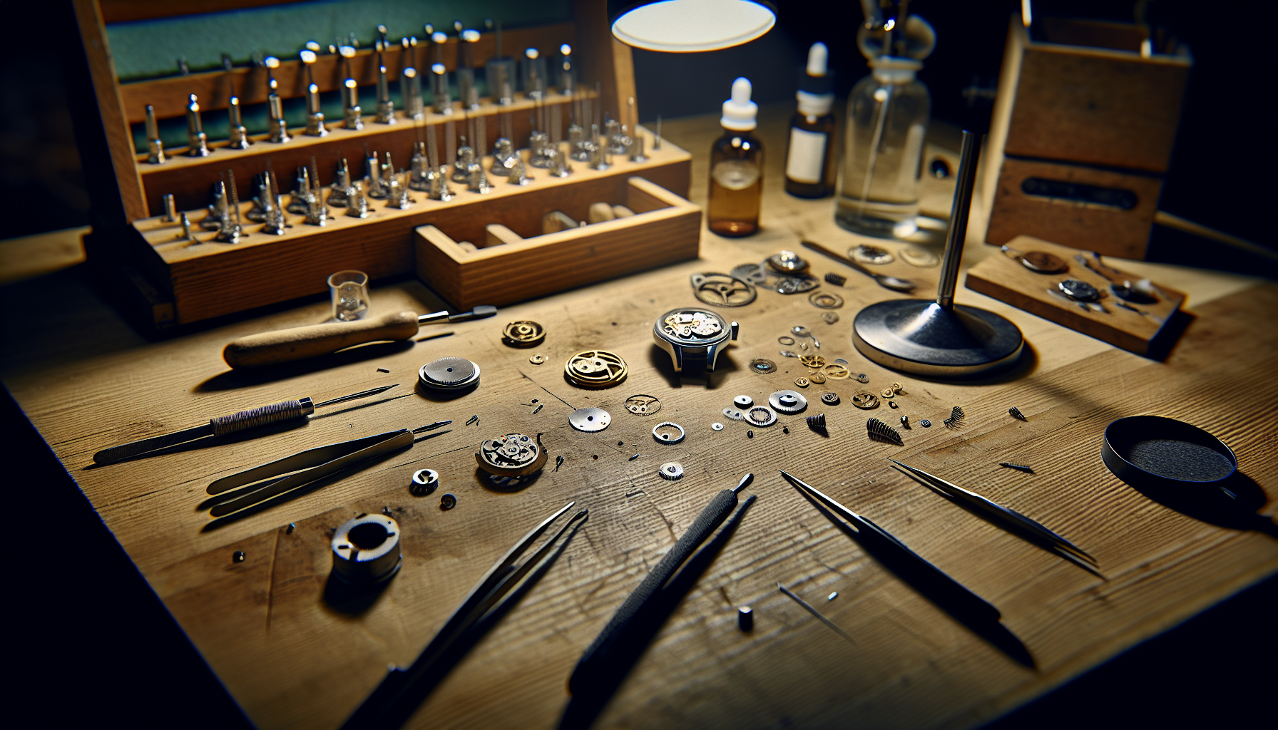 A vintage watchmaker's workbench with various tools and watch components