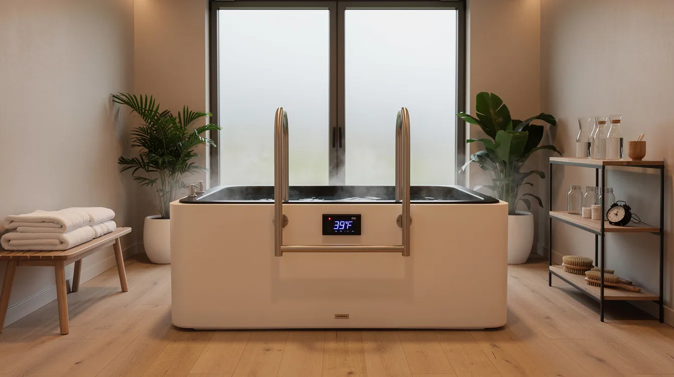 The image depicts a home wellness space featuring a cold plunge tub equipped with safety handles and a temperature display. This setup is ideal for practicing the Wim Hof method, which incorporates cold exposure and controlled breathing techniques to enhance athletic performance and overall health benefits.