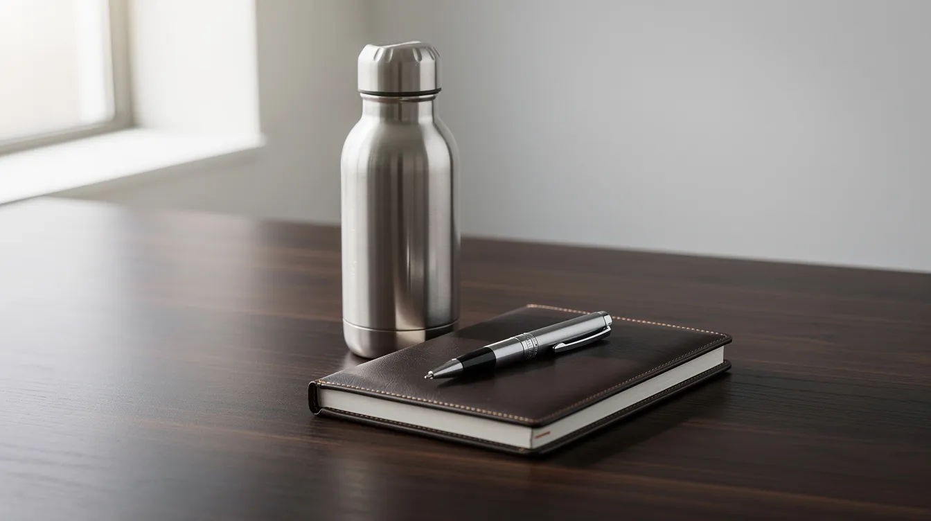 Na drewnianym biurku znajdują się elegancka metalowa butelka termiczna, skórzany notatnik oraz stylowy długopis, które stanowią wysokiej jakości prezenty korporacyjne, idealne do budowania trwałych relacji z partnerami biznesowymi. Te przemyślane upominki mogą być doskonałym narzędziem do wyrażania wdzięczności oraz zwiększania lojalności klientów i pracowników.
