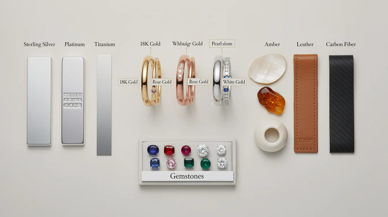This image showcases a variety of jewellery pieces, including a diamond ring and earrings, made from materials such as gold and sterling silver. It highlights the craftsmanship and design of new collections available in the store, inviting viewers to explore the latest offers and find the perfect gift for any occasion.