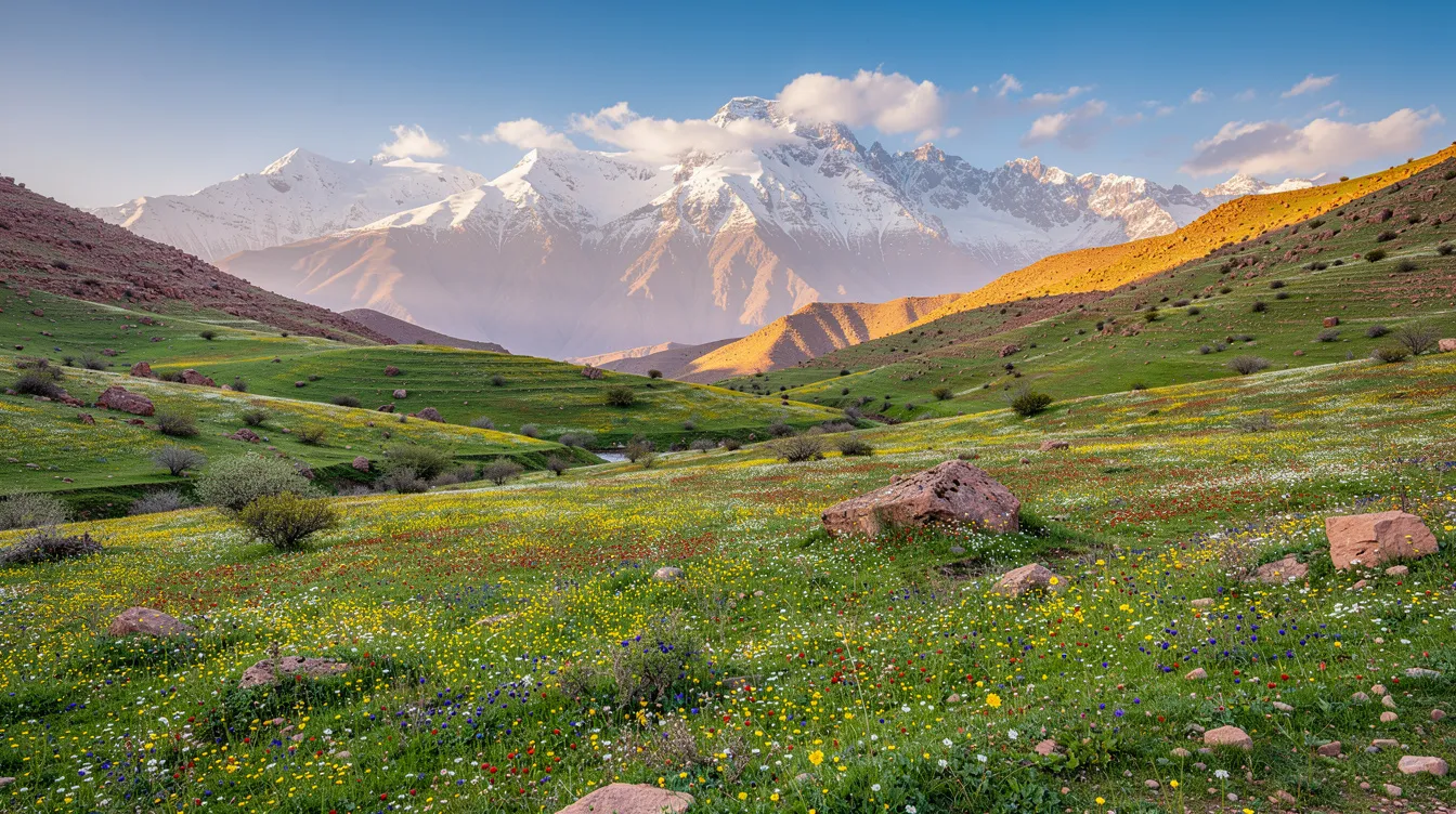 A vibrant scene of blooming wildflowers fills a lush green valley in Morocco, with the majestic snow-capped Atlas Mountains rising in the background, showcasing the natural beauty of this North African country during springtime. This picturesque landscape highlights the diverse flora of the region, inviting exploration and appreciation of Morocco's rich environment.