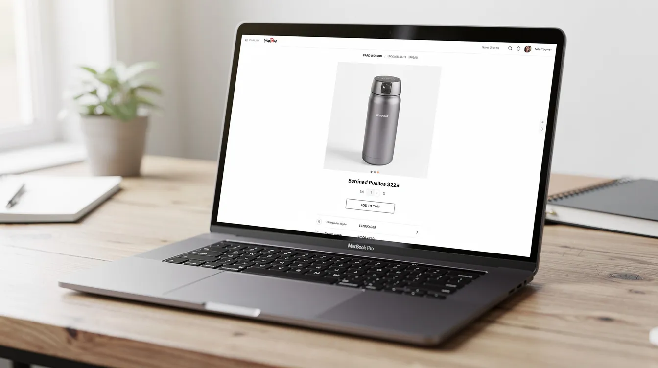 The image shows a laptop screen featuring a clean and organized ecommerce product page, set against a wooden desk backdrop. This scene highlights the importance of ecommerce website design and development services for creating effective online stores that meet evolving customer expectations.