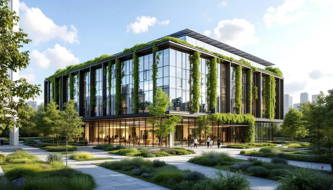 The image depicts a modern sustainable office building featuring green architecture design, characterized by large windows, green roofs, and eco-friendly materials. This innovative structure represents a positive impact on the environment and showcases the collaboration of architects and civil engineers in construction projects that adhere to local building codes.