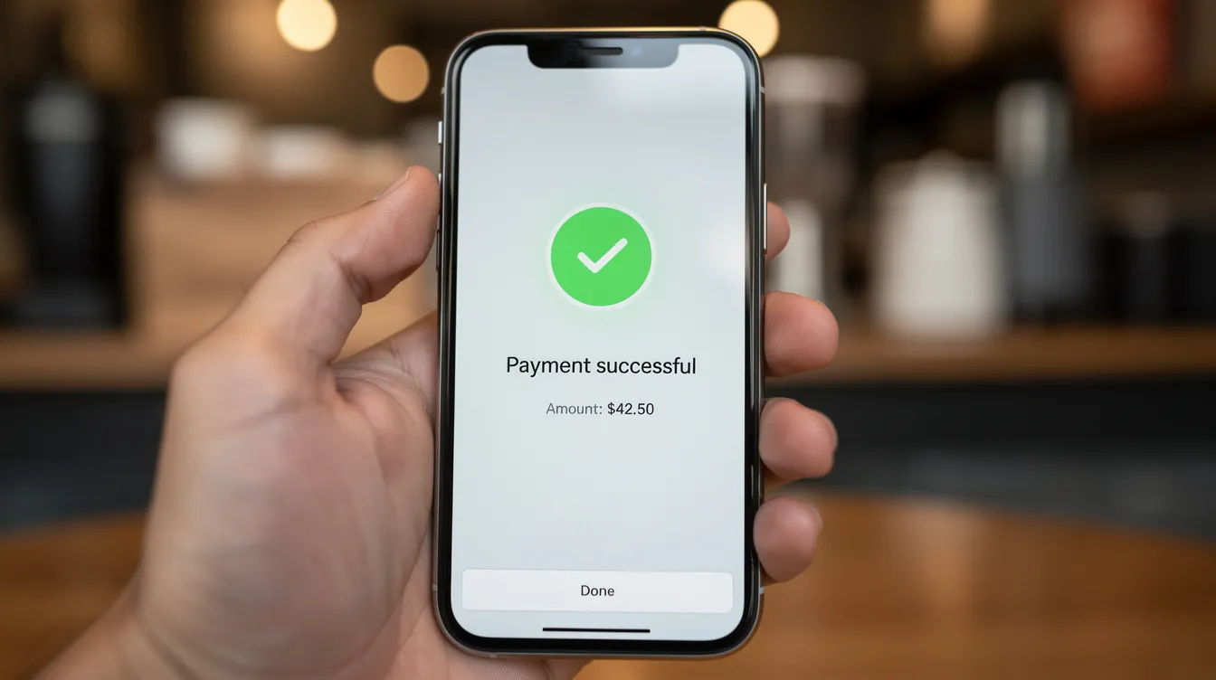 A hand is holding a smartphone that displays a payment confirmation screen featuring a prominent green checkmark, indicating a successful money transfer. This image symbolizes secure banking and the ease of managing funds through a mobile app.