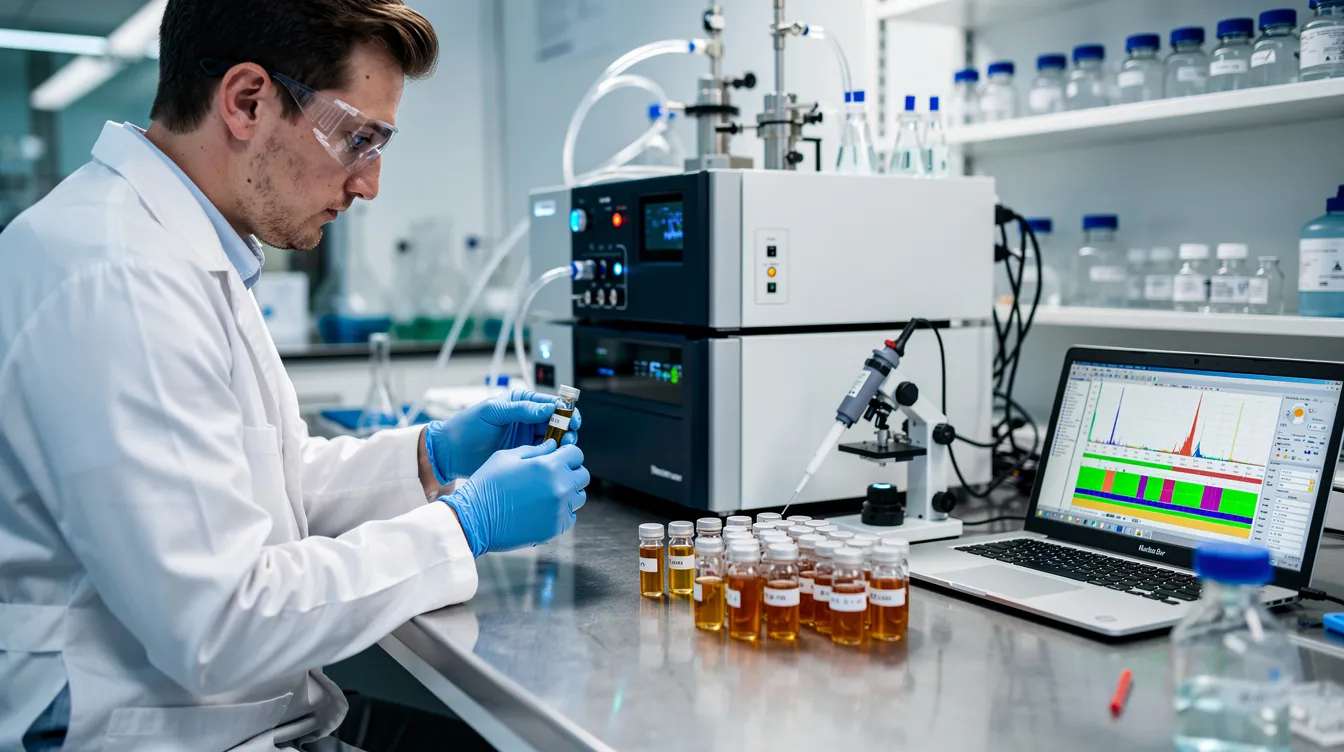 A laboratory technician is testing cannabis extract samples using various scientific equipment, focusing on the chemical structures of cannabinoids, including delta 8 THC and other intoxicating cannabis compounds. This meticulous process is essential for ensuring compliance with Michigan's hemp laws and protecting public health.