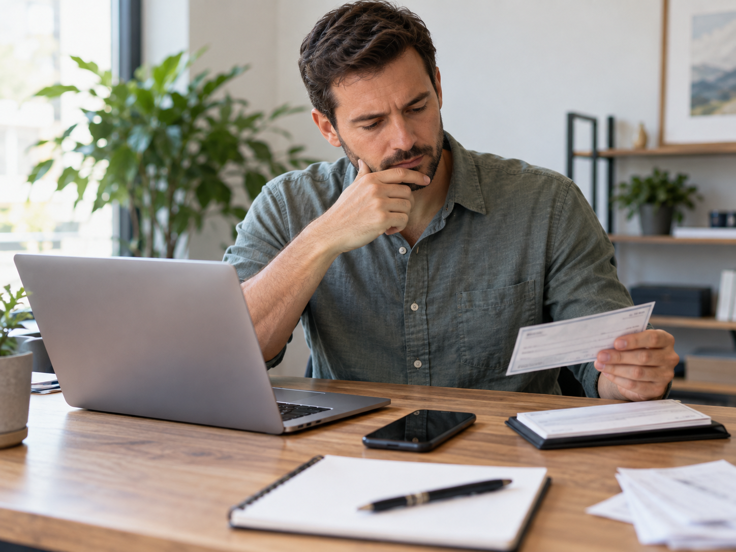 Business owner comparing an electronic check with online payment options at a desk.
