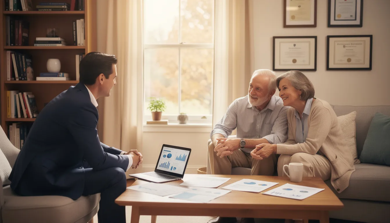 The image depicts a financial advisor seated at a desk in a cozy office, discussing retirement plans with a retired couple. They are reviewing important topics such as required minimum distributions (RMDs) and strategies to manage their retirement accounts effectively while minimizing potential penalties.