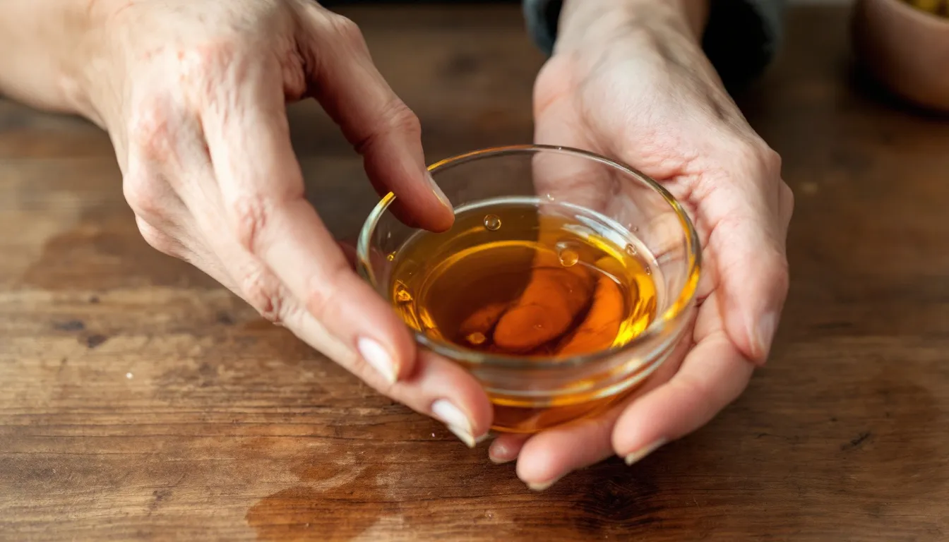 In the image, hands are skillfully mixing various essential oils in a small glass bowl, showcasing the process of creating natural remedies for conditions like sprained ankles and chronic ankle pain. The scene emphasizes the therapeutic properties of essential oils, which can help alleviate pain and reduce swelling in injured areas.