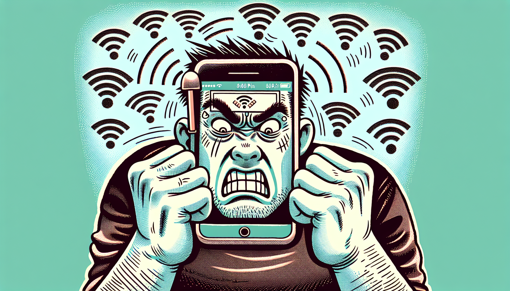 Cartoon of a person using a smartphone with connectivity issues