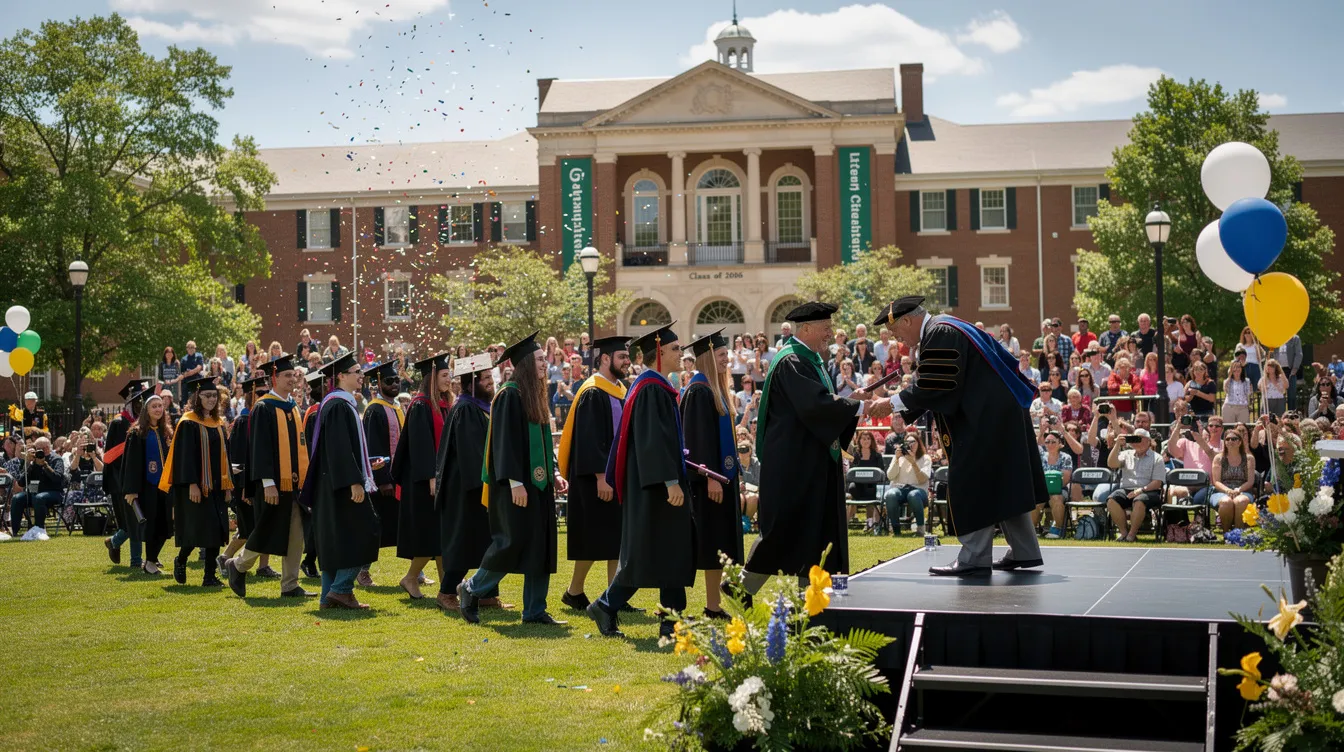 The image depicts a graduation ceremony where students in caps and gowns are proudly walking across an outdoor stage, celebrating their academic achievements. This moment highlights the significance of educational institutions in providing legitimate college degrees and the importance of verifying academic credentials for future employment opportunities.