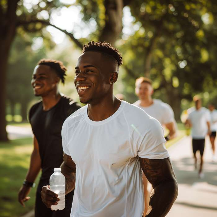 A spirited man with no chronic fatigue, a healthy nervouse system, and a refreshing bottle of water leading a group jog in the park, exemplifying the dynamic wellness and endurance supported by The Good Stuff Health Shop's adaptogen range.